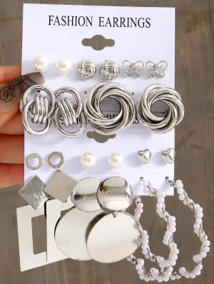 11pairs Butterfly & Faux Pearl Decor Earrings - Silver