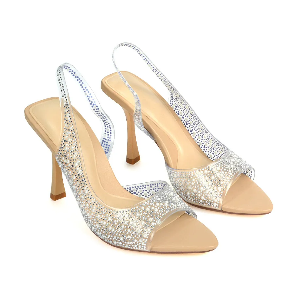 Amelia Perspex Diamante Embellished Slingback Peep Toe Stiletto High Heels in Nude PU
