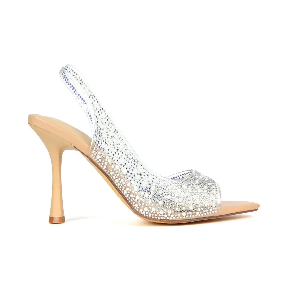 Amelia Perspex Diamante Embellished Slingback Peep Toe Stiletto High Heels in Nude PU