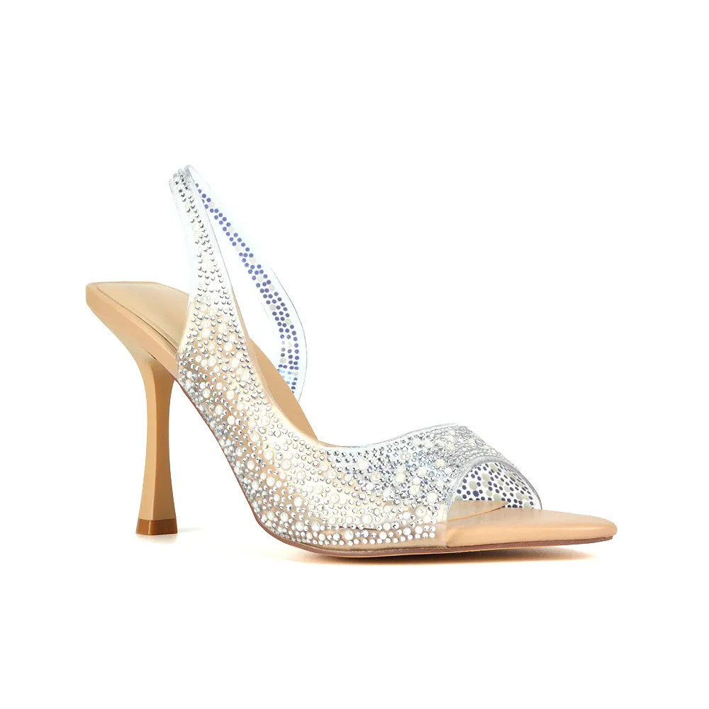 Amelia Perspex Diamante Embellished Slingback Peep Toe Stiletto High Heels in Nude PU