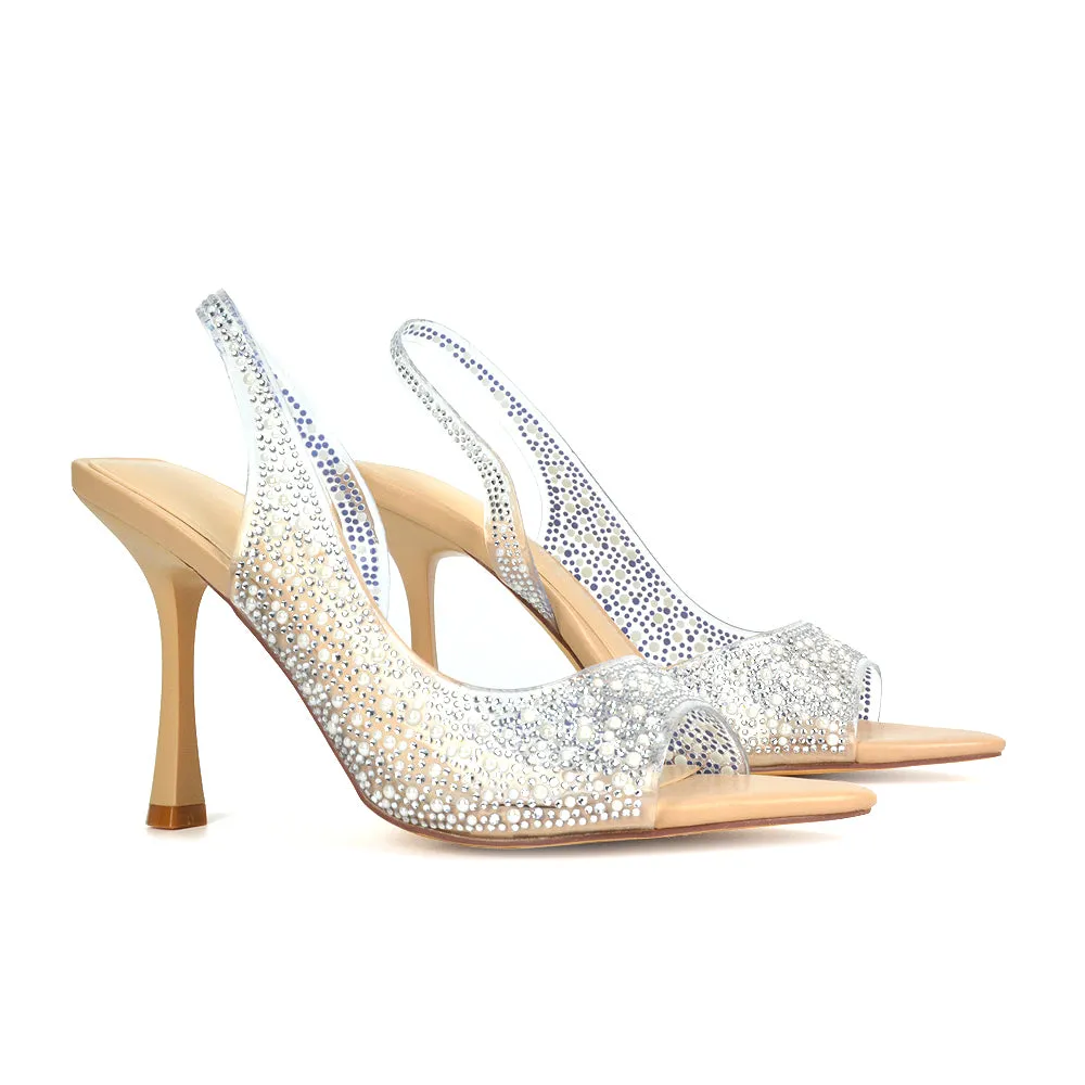 Amelia Perspex Diamante Embellished Slingback Peep Toe Stiletto High Heels in Nude PU