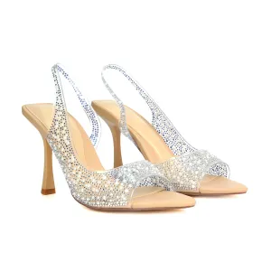 Amelia Perspex Diamante Embellished Slingback Peep Toe Stiletto High Heels in Nude PU
