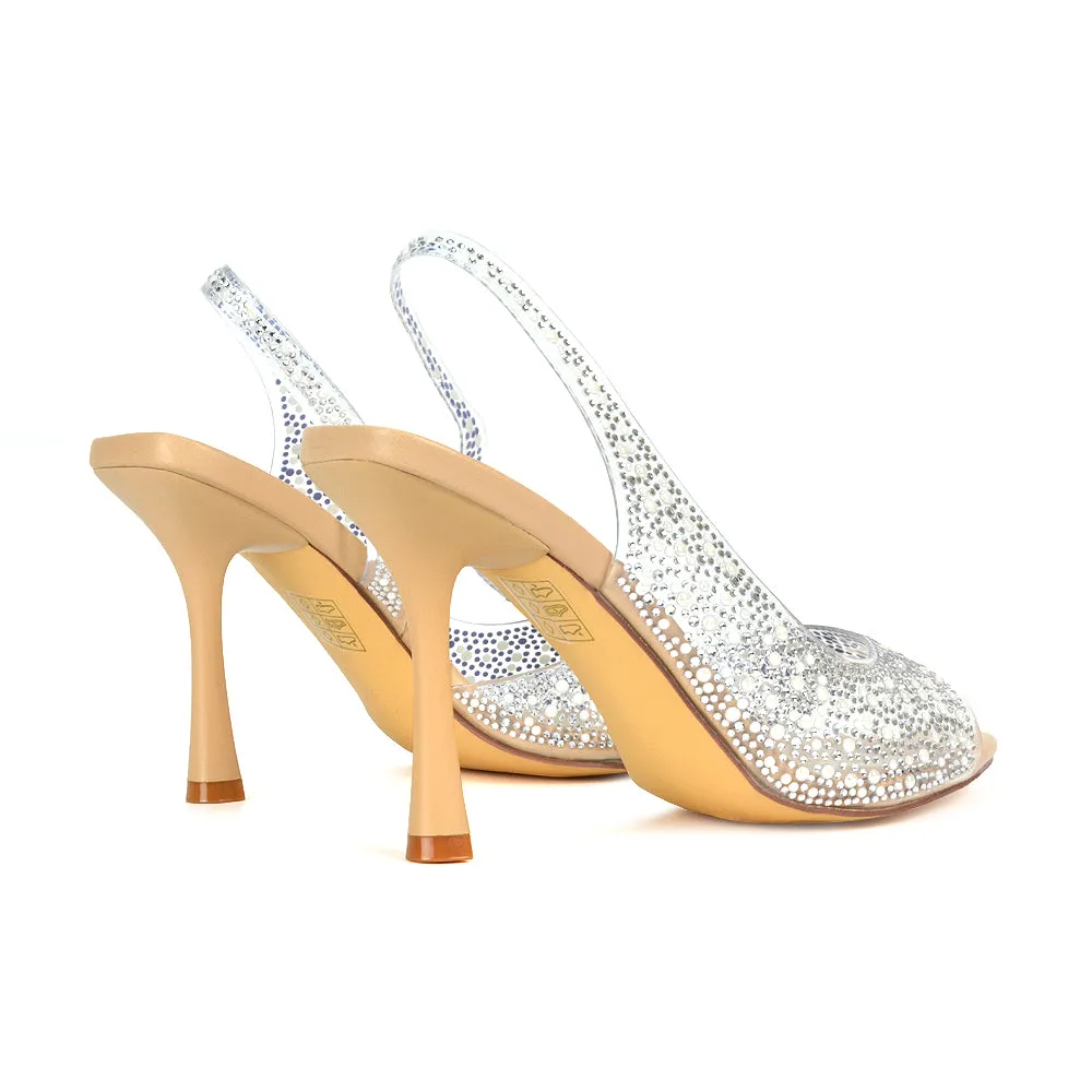 Amelia Perspex Diamante Embellished Slingback Peep Toe Stiletto High Heels in Nude PU