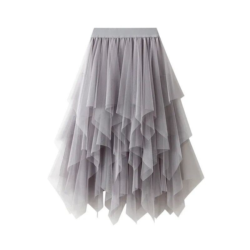 Asymmetrical Layered Mesh Midi Skirt with Tulle Volume