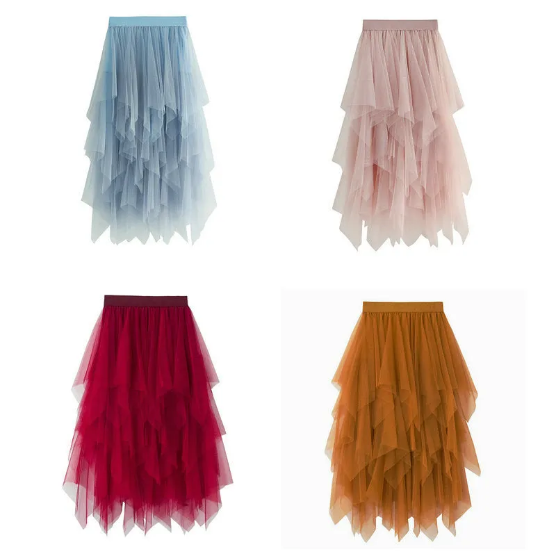 Asymmetrical Layered Mesh Midi Skirt with Tulle Volume