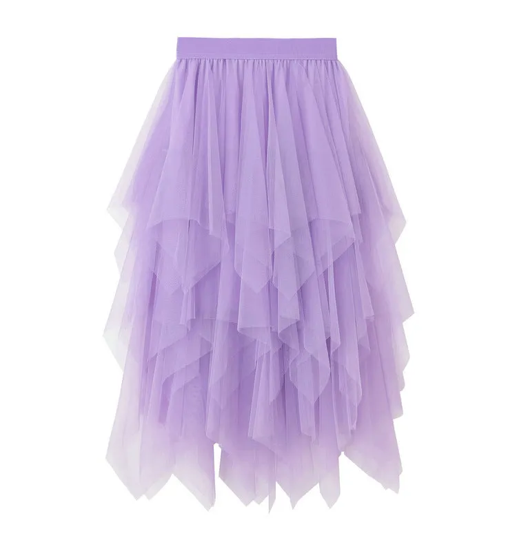 Asymmetrical Layered Mesh Midi Skirt with Tulle Volume