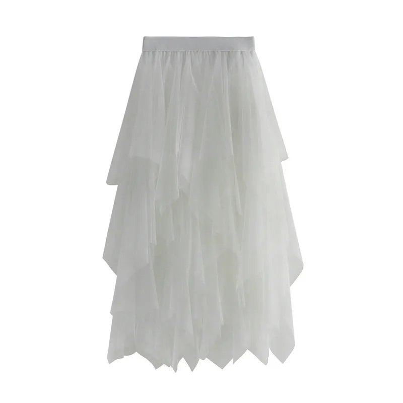 Asymmetrical Layered Mesh Midi Skirt with Tulle Volume