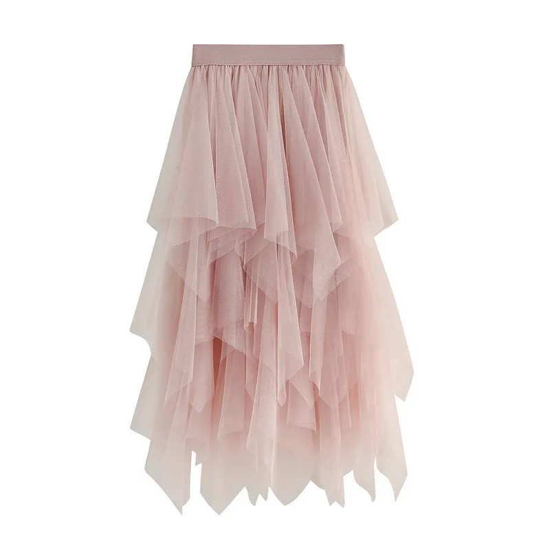 Asymmetrical Layered Mesh Midi Skirt with Tulle Volume