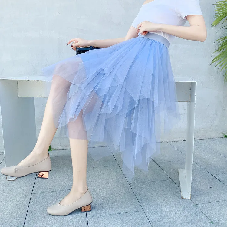 Asymmetrical Layered Mesh Midi Skirt with Tulle Volume