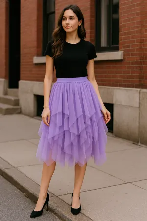 Asymmetrical Layered Mesh Midi Skirt with Tulle Volume