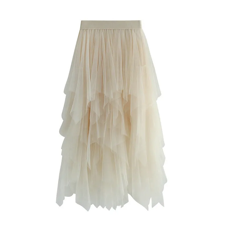 Asymmetrical Layered Mesh Midi Skirt with Tulle Volume
