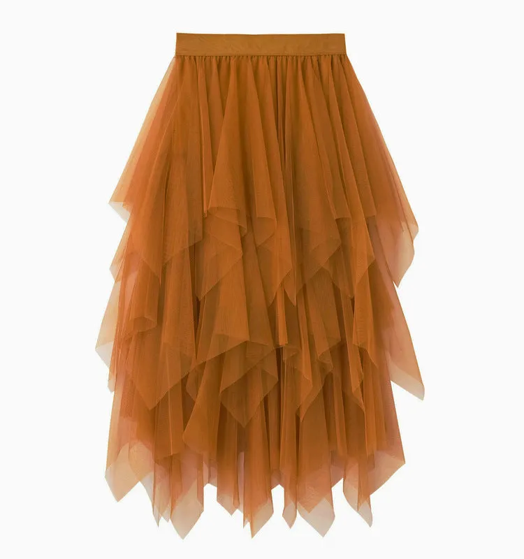Asymmetrical Layered Mesh Midi Skirt with Tulle Volume