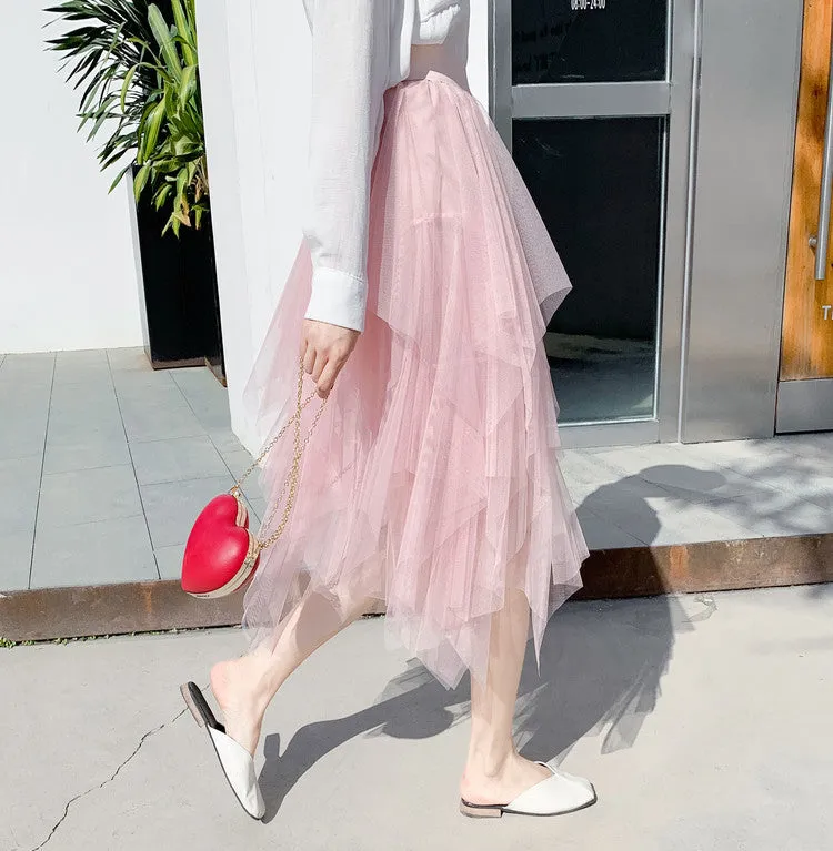 Asymmetrical Layered Mesh Midi Skirt with Tulle Volume