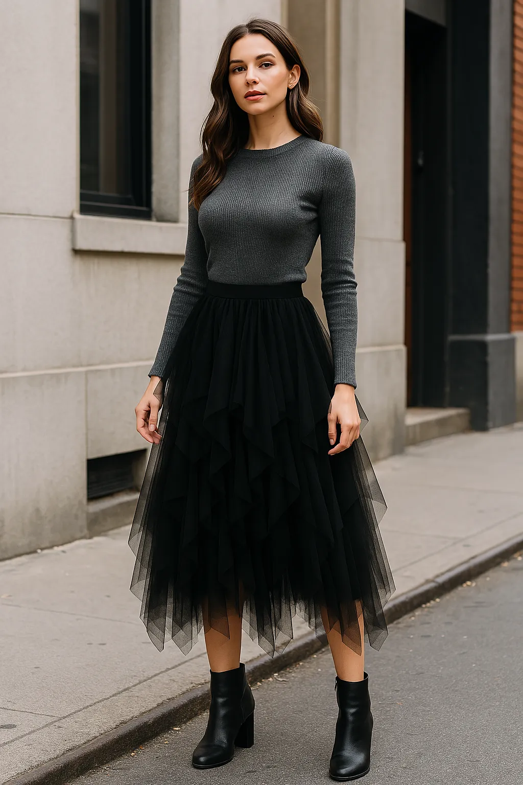 Asymmetrical Layered Mesh Midi Skirt with Tulle Volume