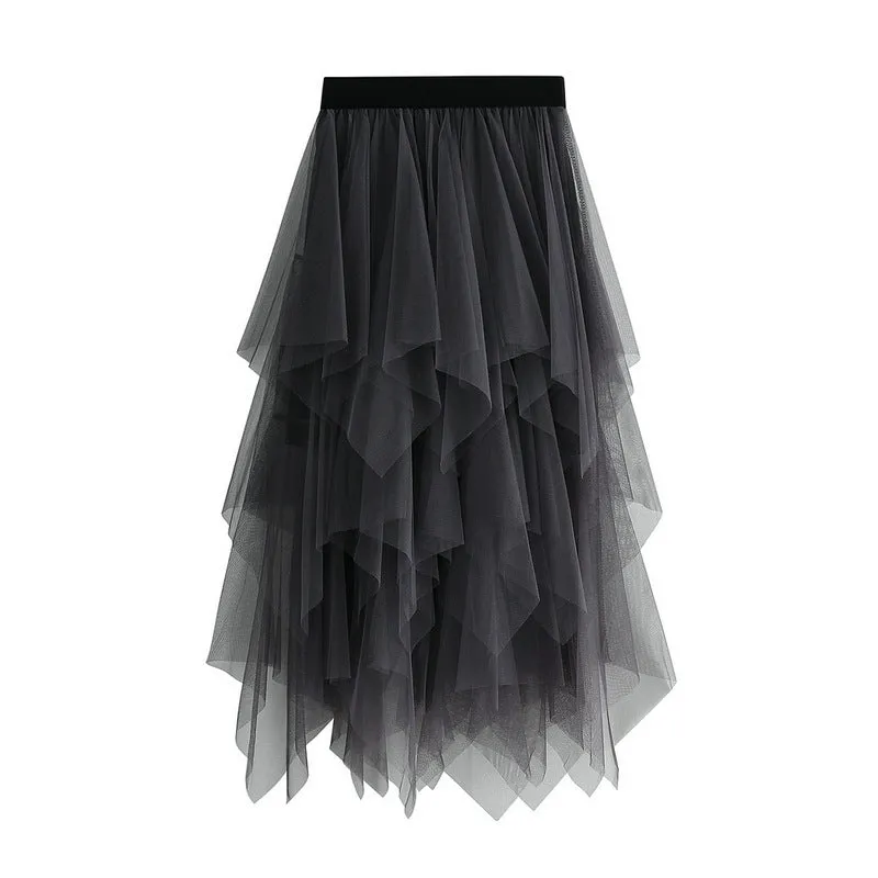 Asymmetrical Layered Mesh Midi Skirt with Tulle Volume