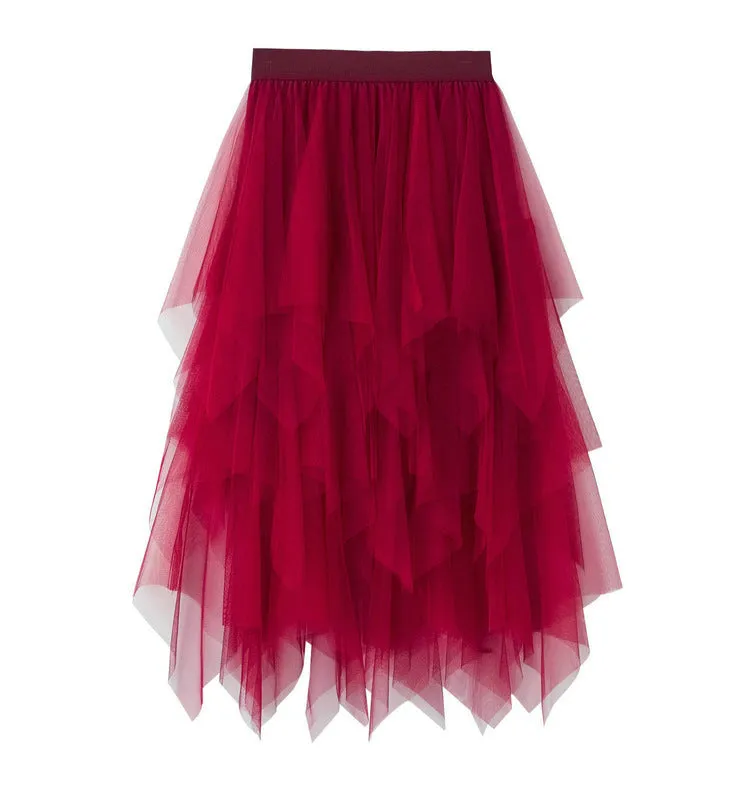 Asymmetrical Layered Mesh Midi Skirt with Tulle Volume