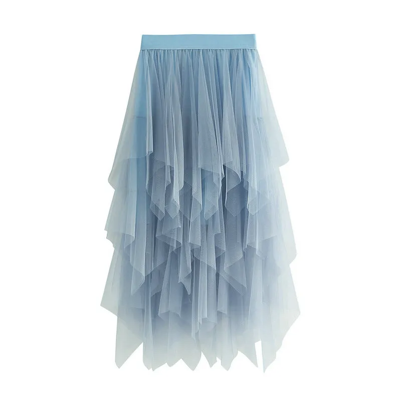 Asymmetrical Layered Mesh Midi Skirt with Tulle Volume