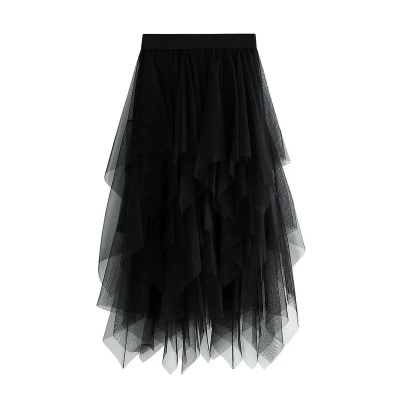 Asymmetrical Layered Mesh Midi Skirt with Tulle Volume