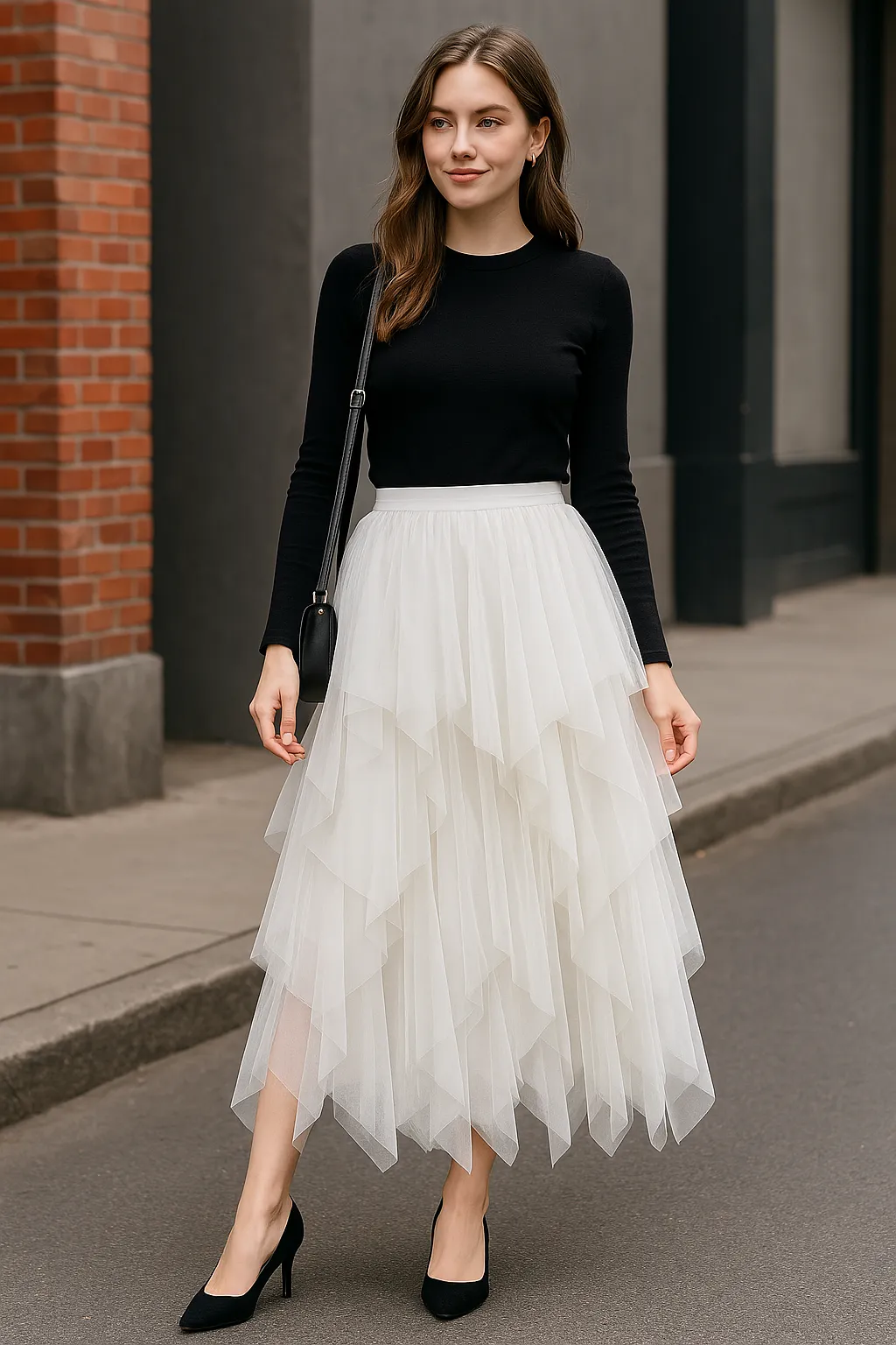 Asymmetrical Layered Mesh Midi Skirt with Tulle Volume