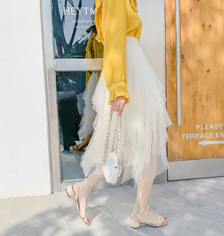 Asymmetrical Layered Mesh Midi Skirt with Tulle Volume