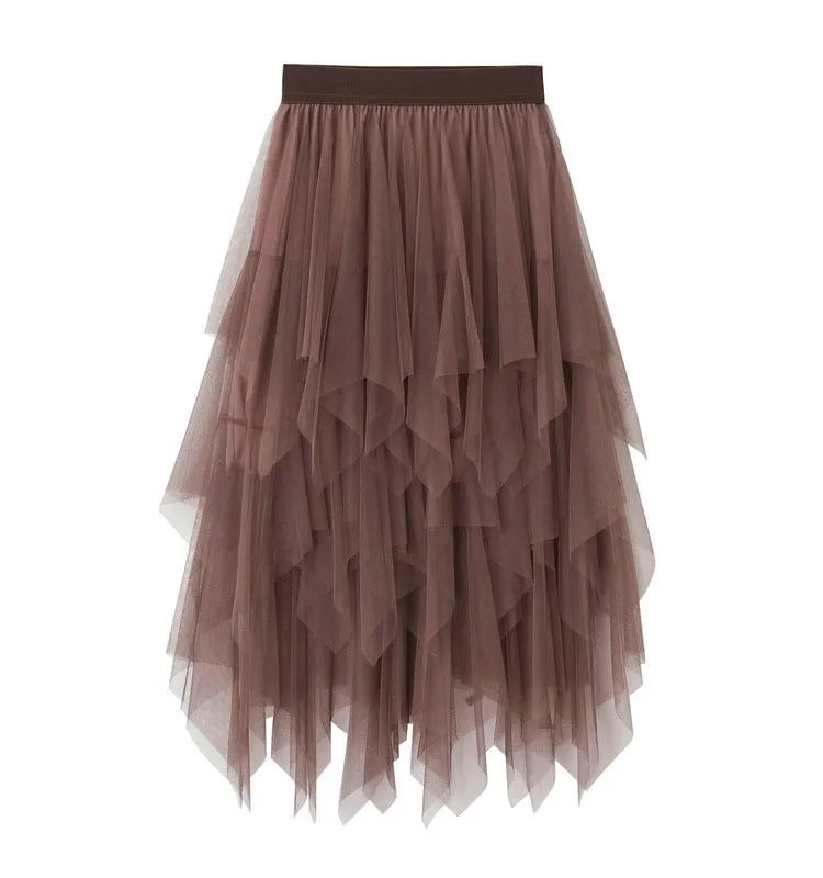 Asymmetrical Layered Mesh Midi Skirt with Tulle Volume
