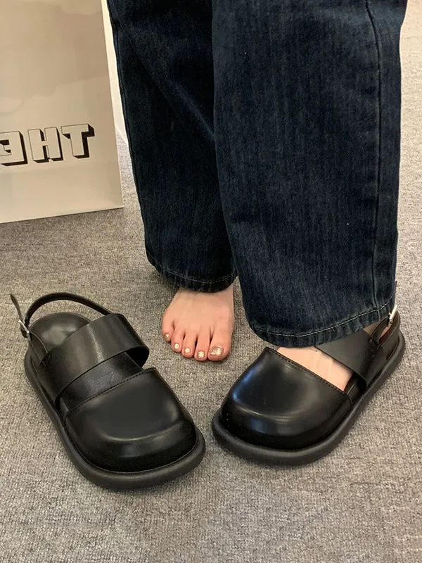 Belt Buckle Hollow Round-Toe Split-Joint Wedges & Flatform Sandals