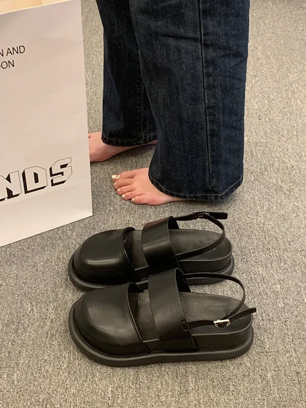 Belt Buckle Hollow Round-Toe Split-Joint Wedges & Flatform Sandals