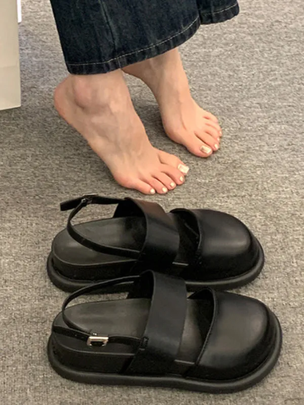 Belt Buckle Hollow Round-Toe Split-Joint Wedges & Flatform Sandals