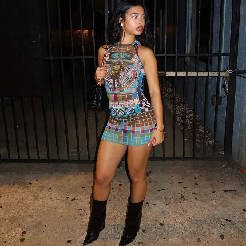 Bold Graphic Print Sheer Mesh Bodycon Dress with Futuristic Appeal
