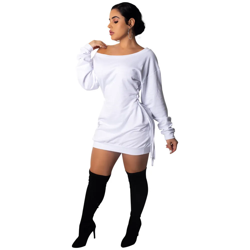 Bold Off-Shoulder Lace-Up Slim Fit Long Sleeve Dress