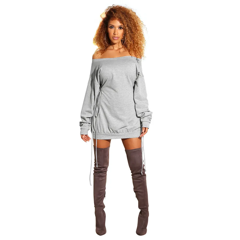 Bold Off-Shoulder Lace-Up Slim Fit Long Sleeve Dress