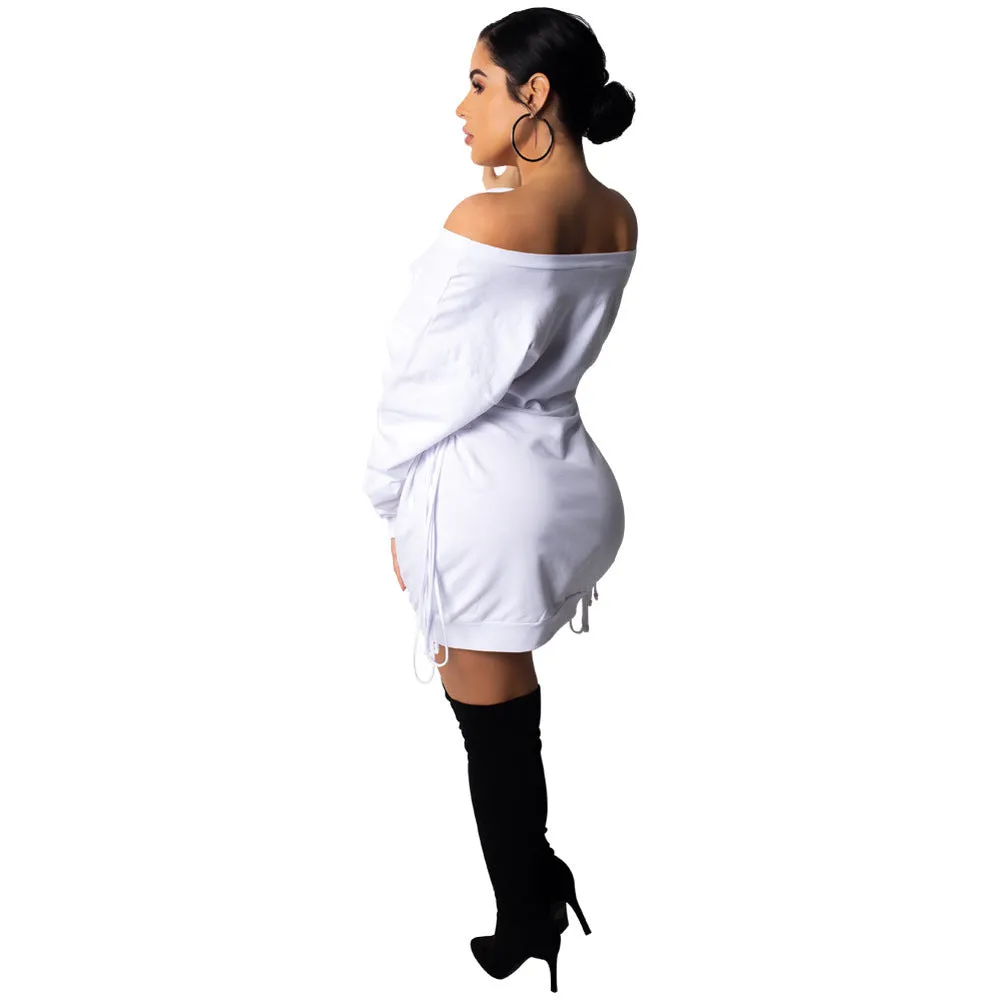 Bold Off-Shoulder Lace-Up Slim Fit Long Sleeve Dress