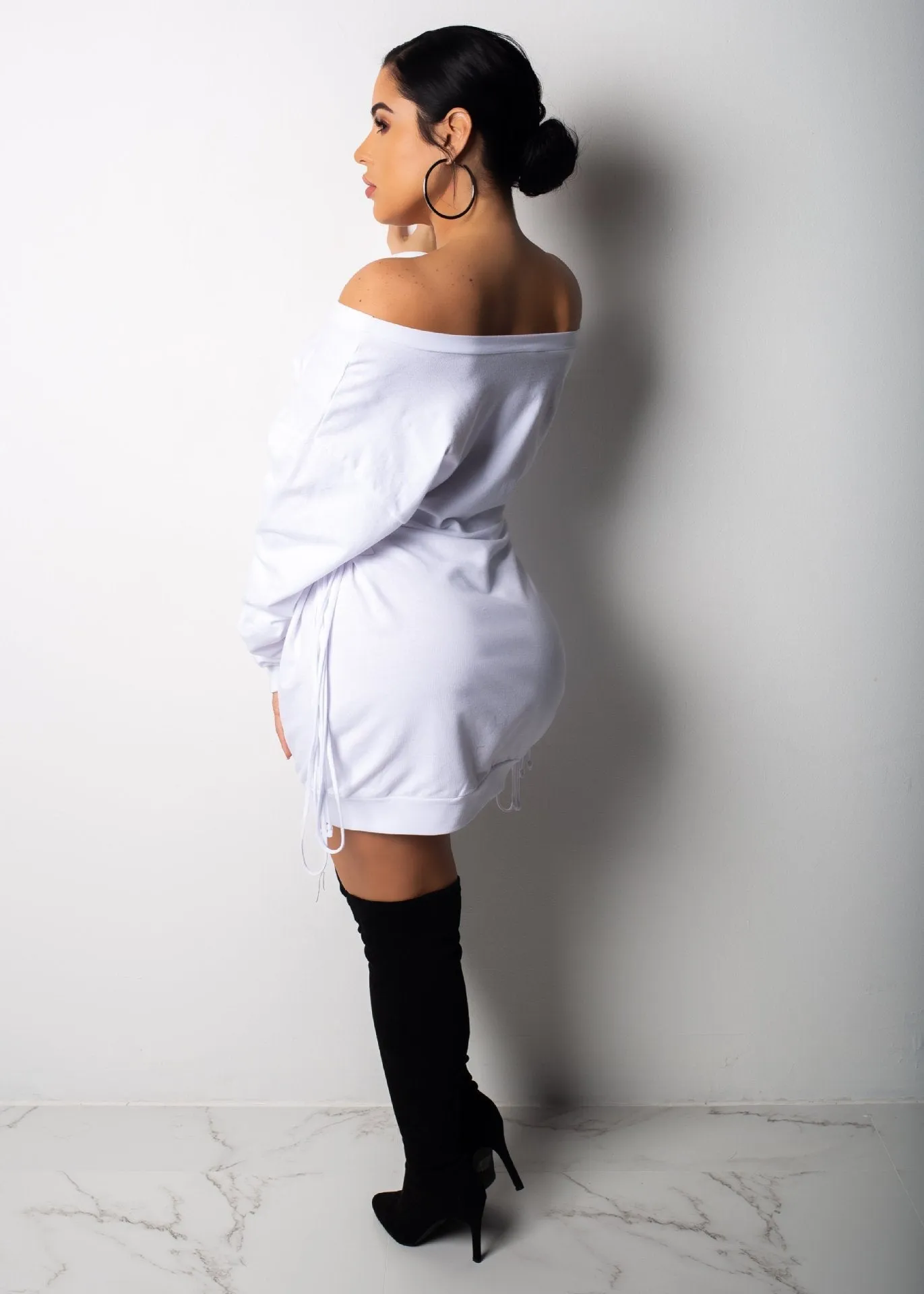 Bold Off-Shoulder Lace-Up Slim Fit Long Sleeve Dress