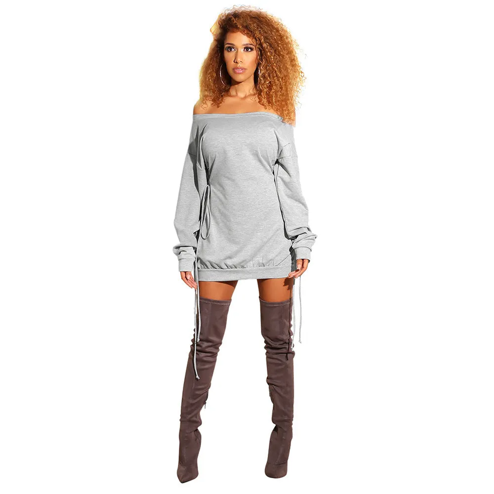 Bold Off-Shoulder Lace-Up Slim Fit Long Sleeve Dress