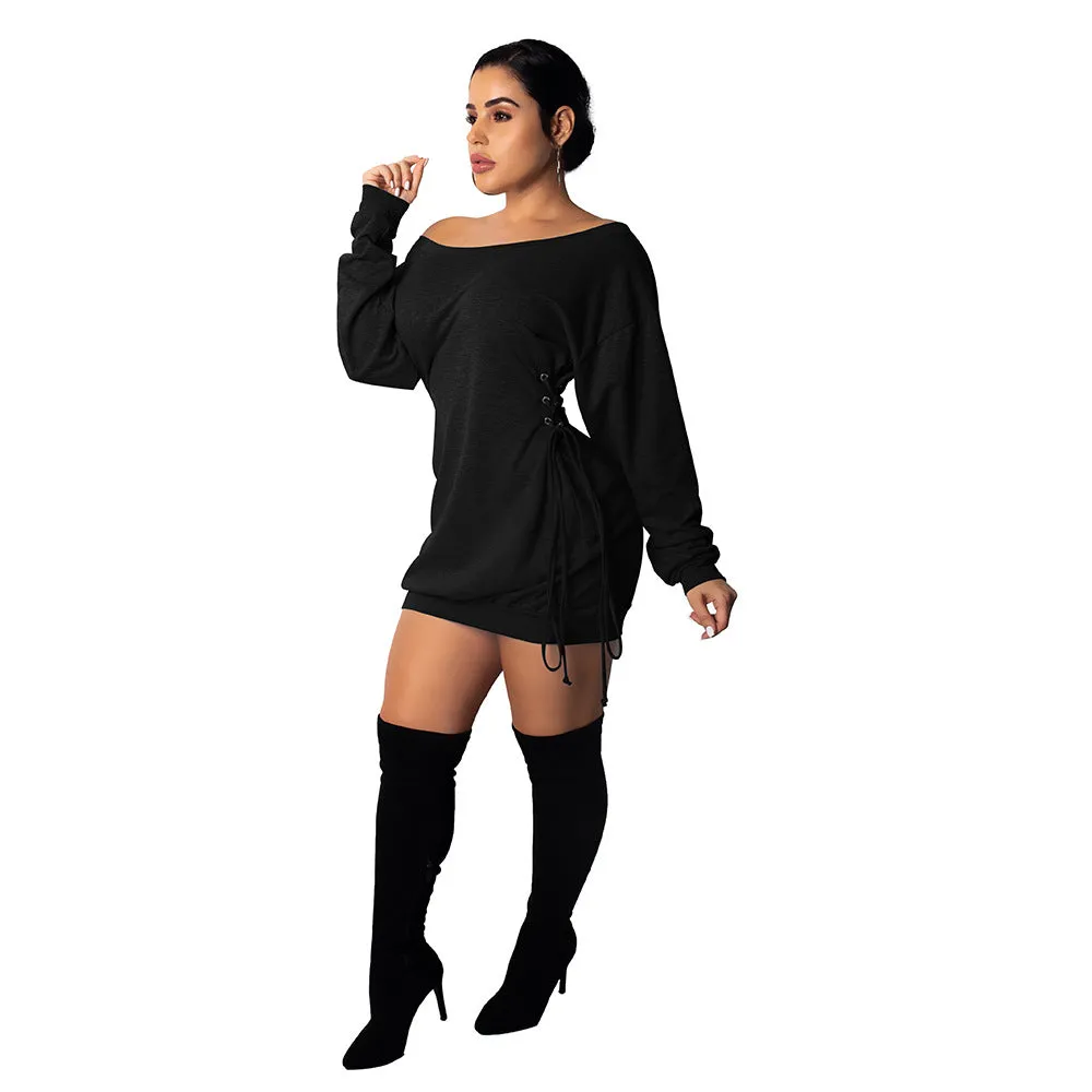 Bold Off-Shoulder Lace-Up Slim Fit Long Sleeve Dress