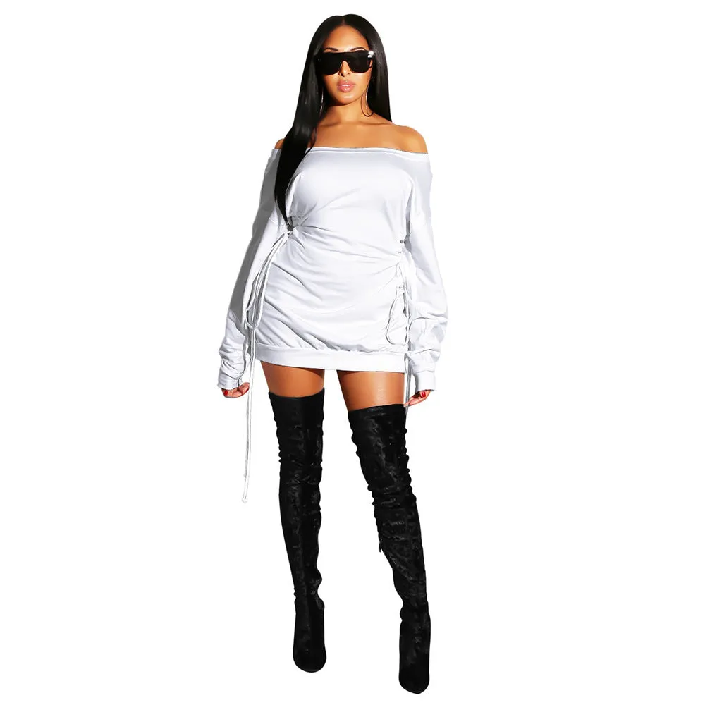 Bold Off-Shoulder Lace-Up Slim Fit Long Sleeve Dress