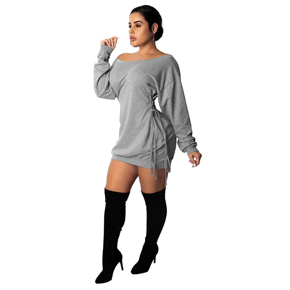 Bold Off-Shoulder Lace-Up Slim Fit Long Sleeve Dress