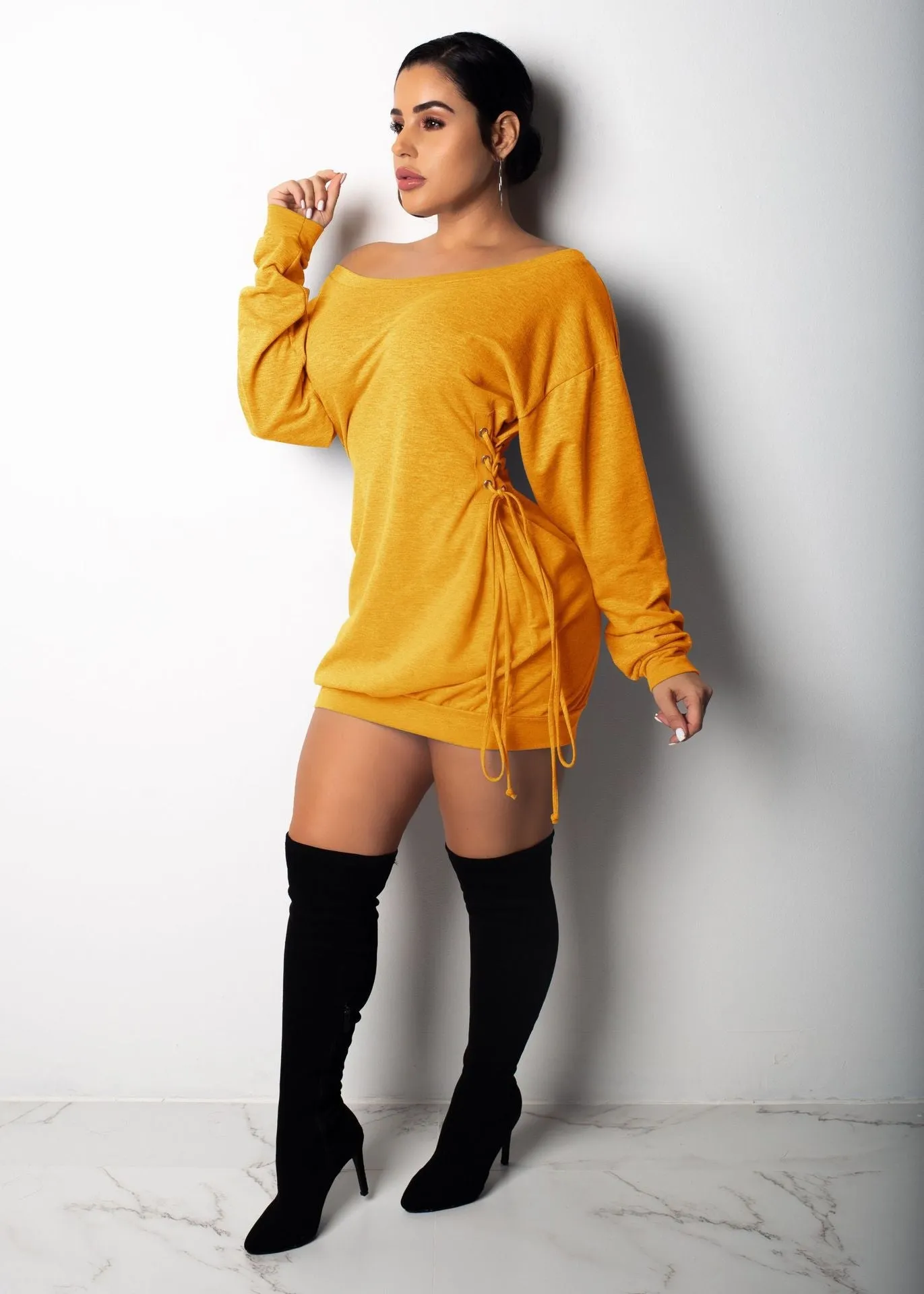 Bold Off-Shoulder Lace-Up Slim Fit Long Sleeve Dress