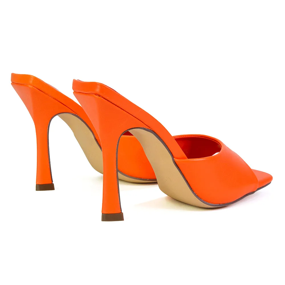 Carla Strappy Square Toe Stiletto High Heels Mule Sandals in Orange