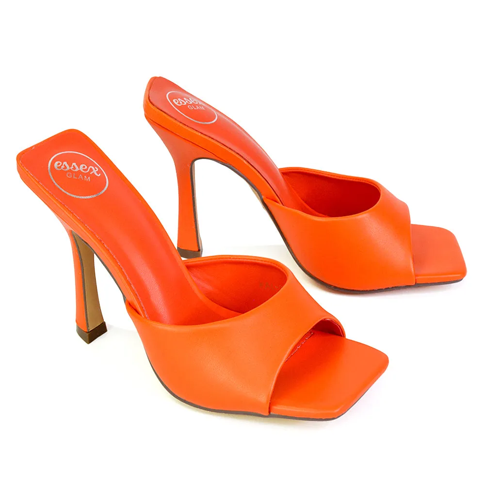 Carla Strappy Square Toe Stiletto High Heels Mule Sandals in Orange