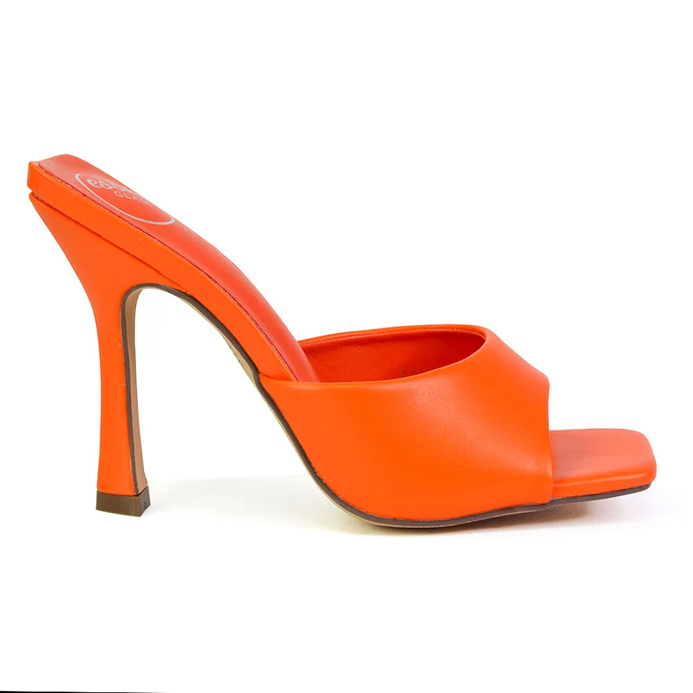 Carla Strappy Square Toe Stiletto High Heels Mule Sandals in Orange