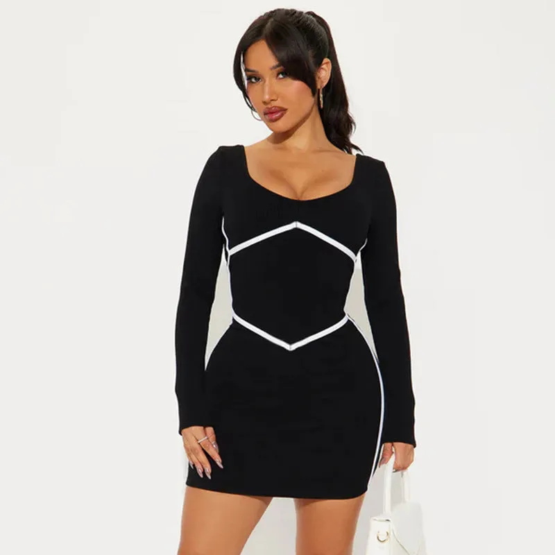 Chic Contrast-Trim Long Sleeve Bodycon Mini Dress for a Sleek and Sculpted Look