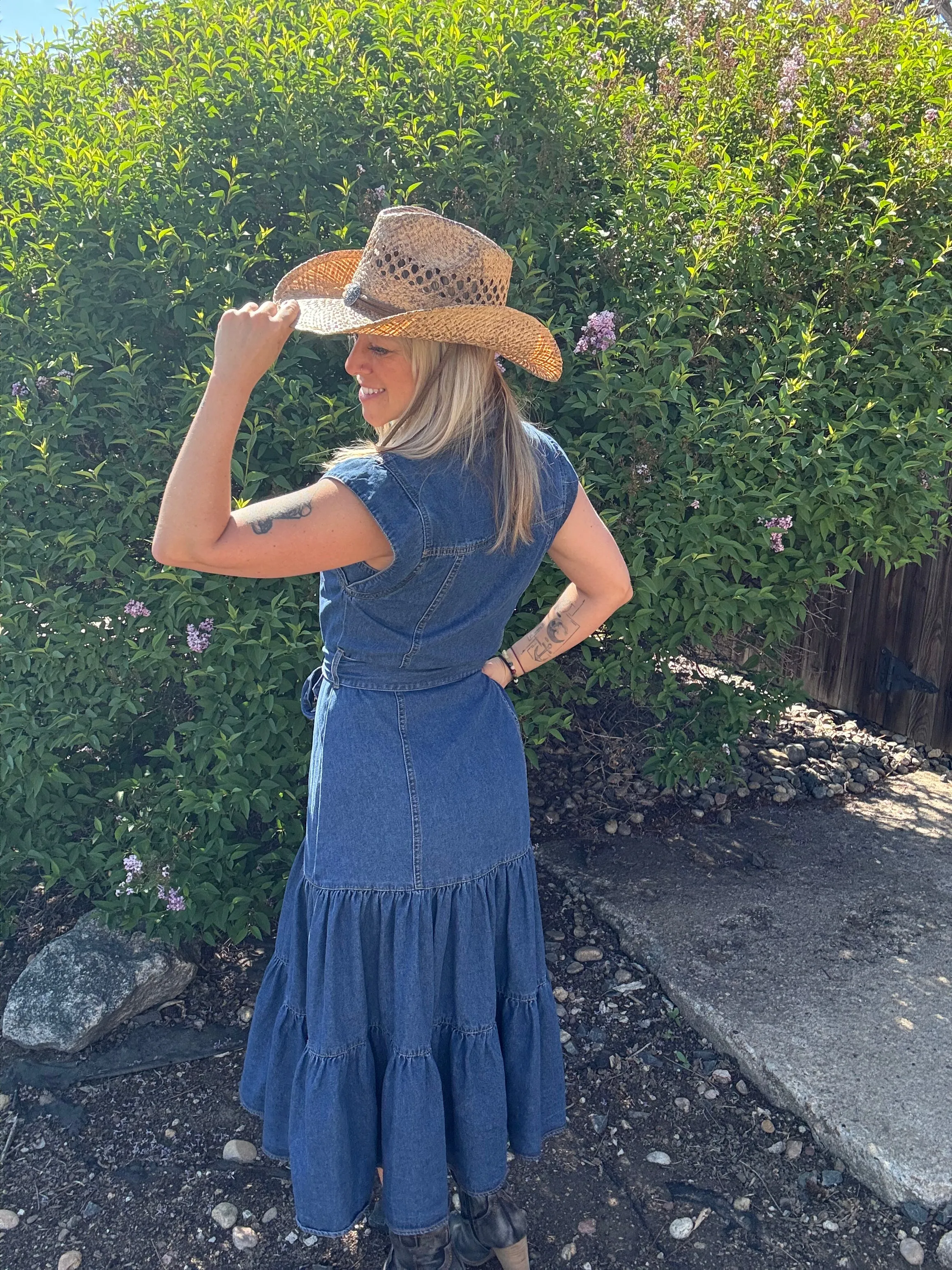 Cowgirl Belted Button Up Tiered Midi Denim  Dress