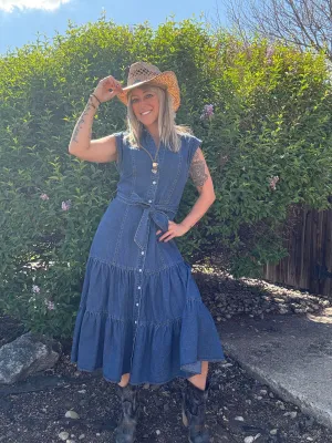Cowgirl Belted Button Up Tiered Midi Denim  Dress