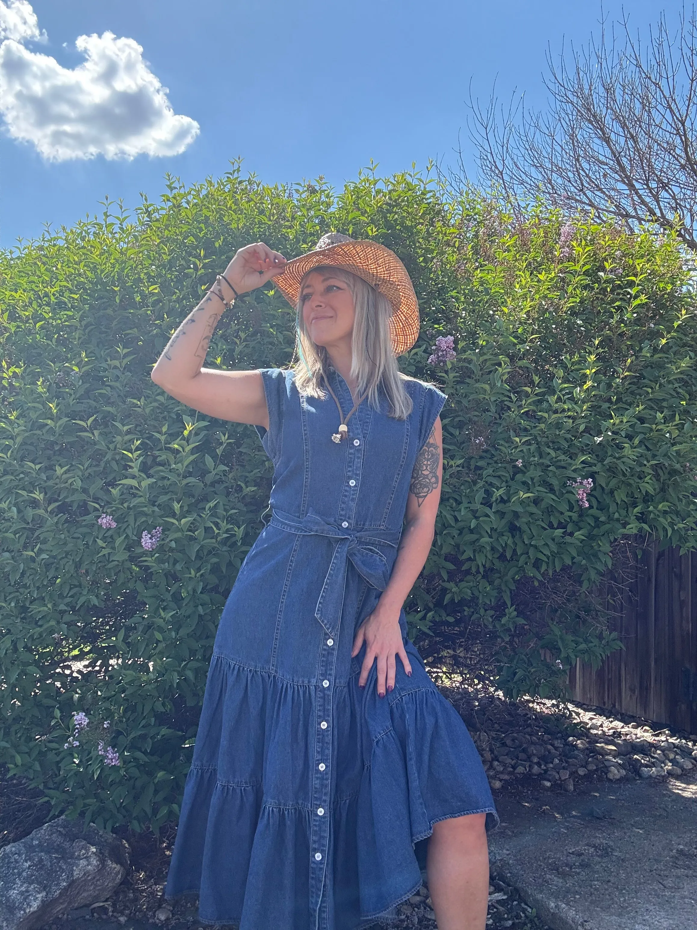 Cowgirl Belted Button Up Tiered Midi Denim  Dress