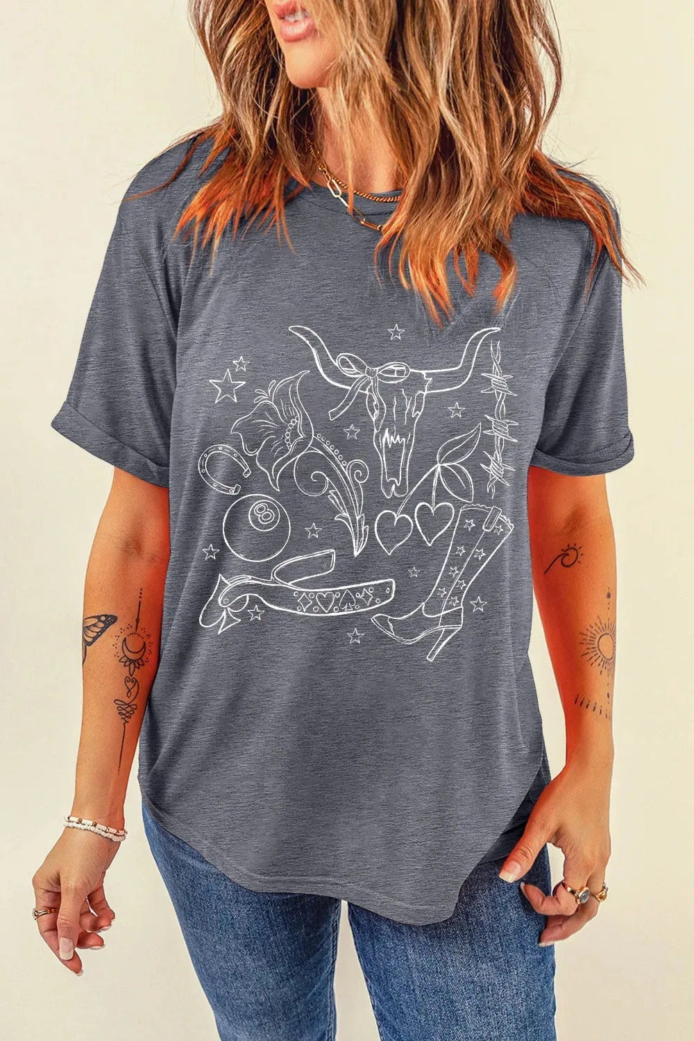 Cowgirl Boots OX Head Western Graphic Crewneck Tee