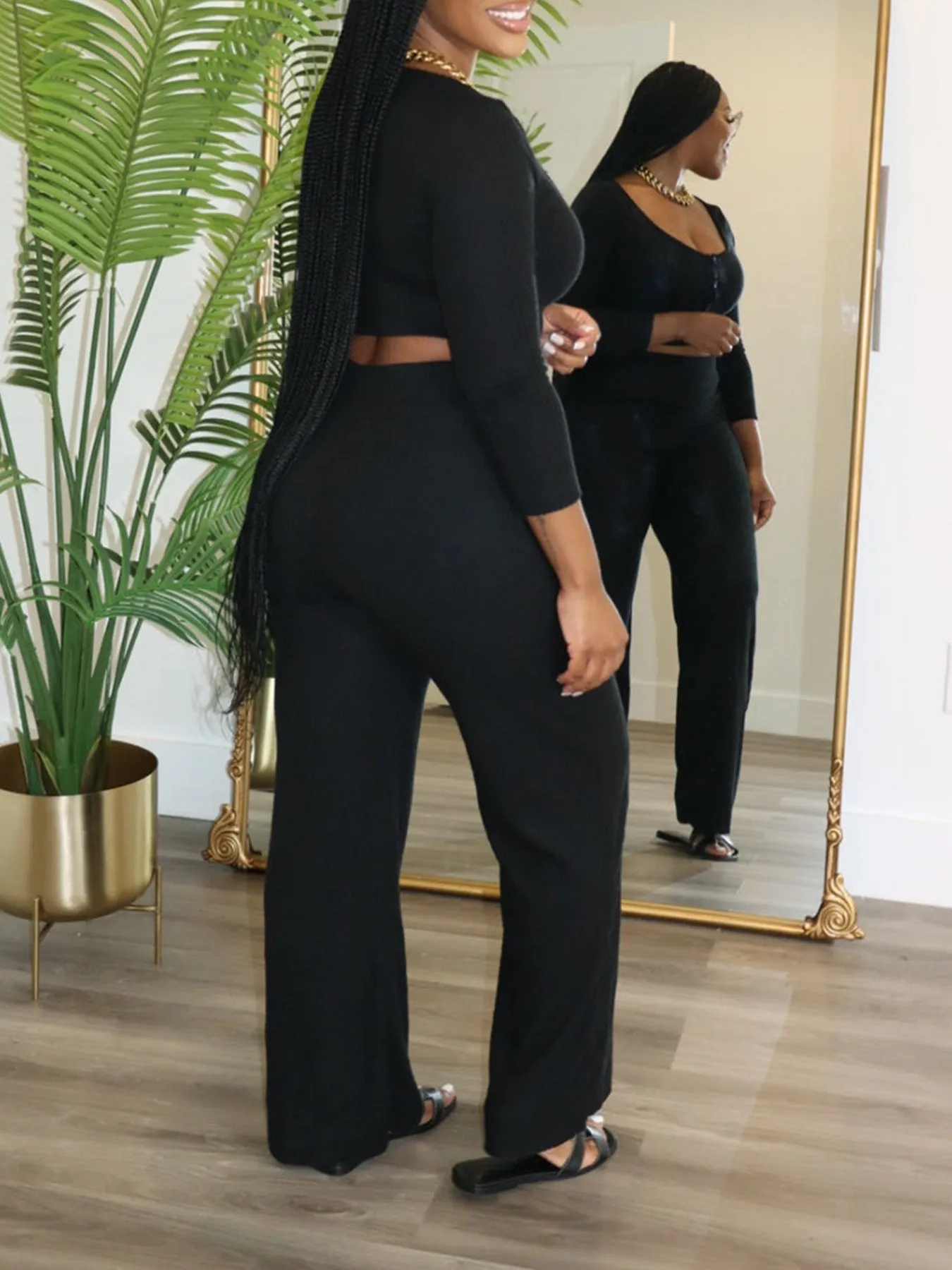 Cozy Ribbed Two-Piece Set with Long-Sleeved Top and Wide-Leg Pants