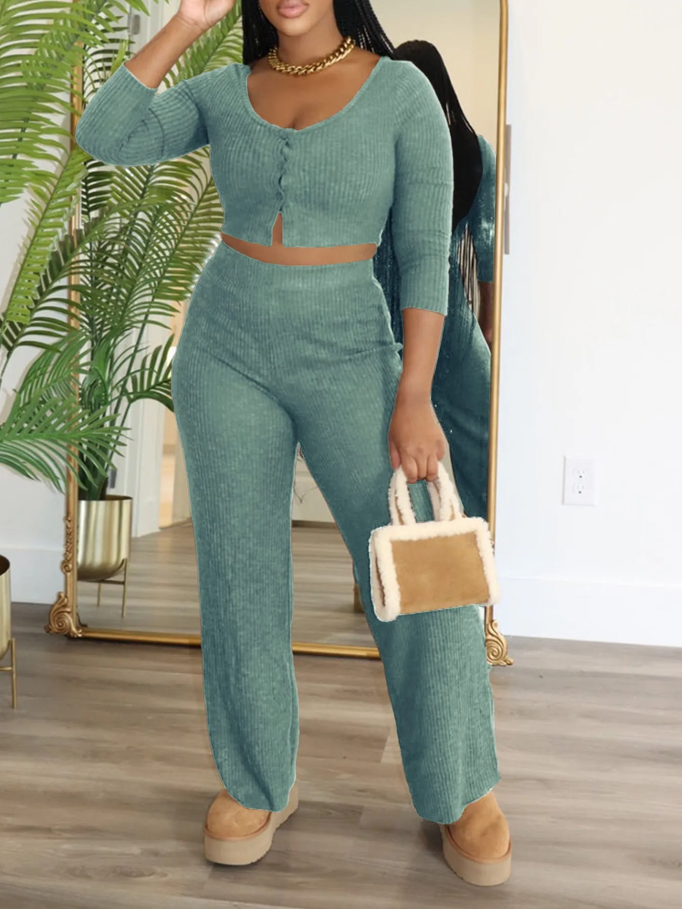 Cozy Ribbed Two-Piece Set with Long-Sleeved Top and Wide-Leg Pants