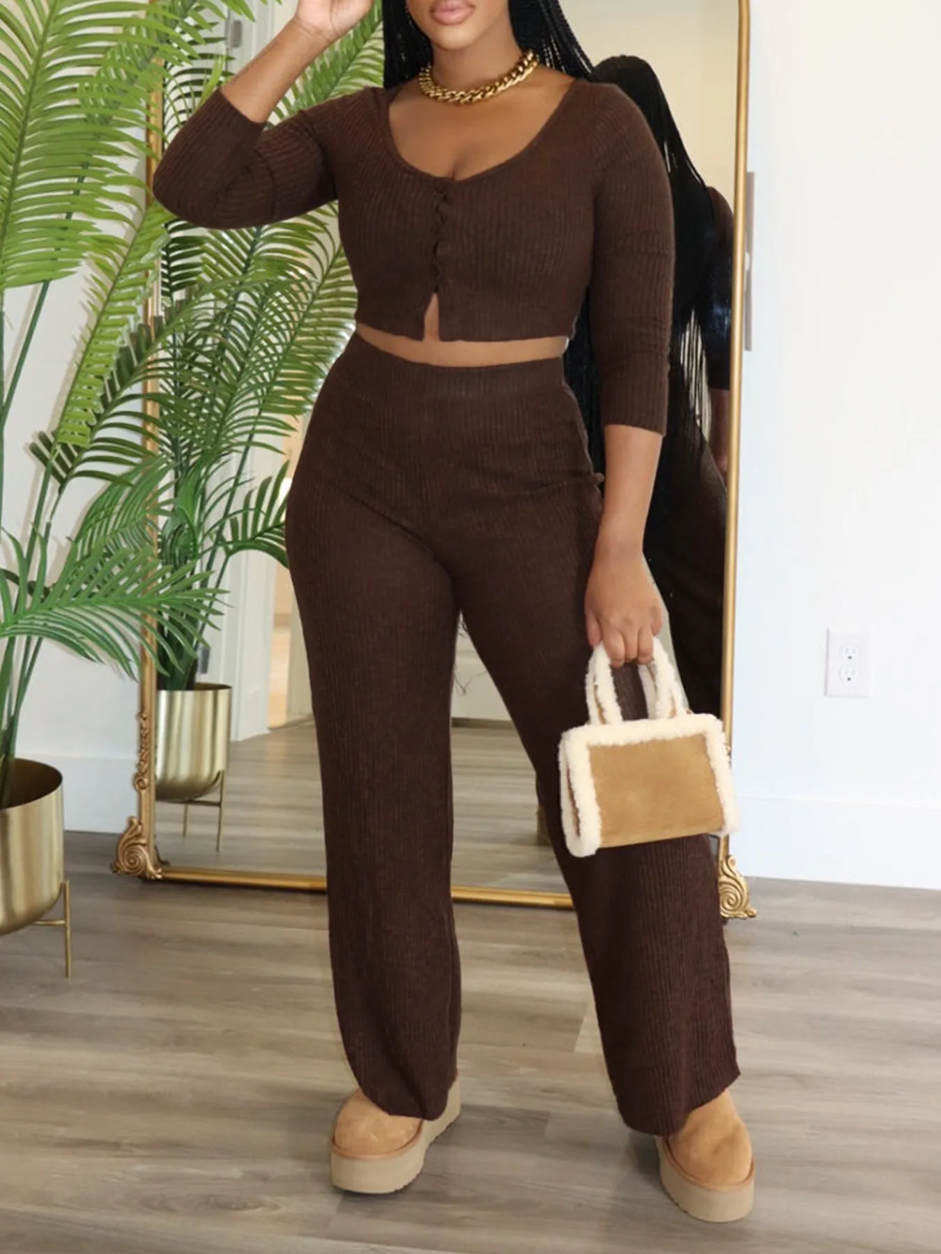 Cozy Ribbed Two-Piece Set with Long-Sleeved Top and Wide-Leg Pants