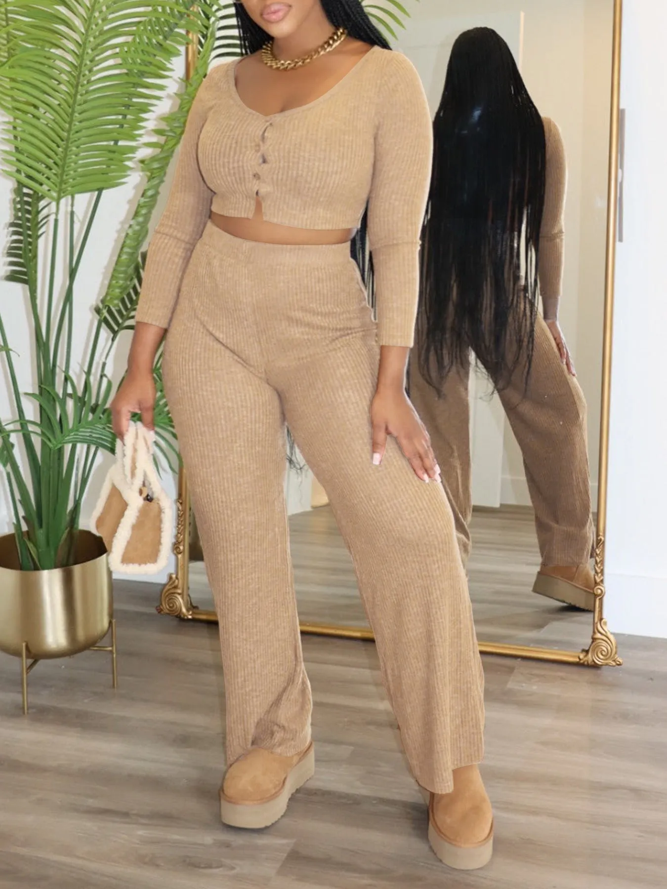 Cozy Ribbed Two-Piece Set with Long-Sleeved Top and Wide-Leg Pants